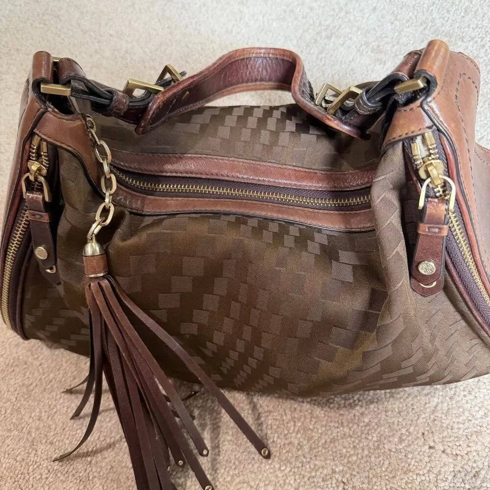 vintage y2k boho indie Cole Haan Jacquered Leather Bag Tassel Gold Hardware